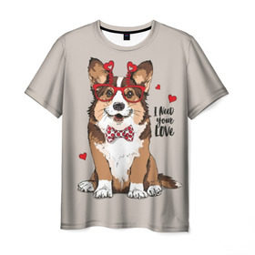 Мужская футболка 3D с принтом I need your love в Белгороде, 100% полиэфир | прямой крой, круглый вырез горловины, длина до линии бедер | animal | bow tie | breed | corgi | cute | dog | funny | hearts | holiday | pembroke | polka dot | red | saint | valentine | валентина | вельш корги | галстук бабочка | горошек | день | животное | красный | любовь | милая | очки | пемброк | пород