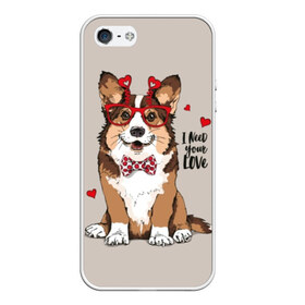 Чехол для iPhone 5/5S матовый с принтом I need your love в Белгороде, Силикон | Область печати: задняя сторона чехла, без боковых панелей | animal | bow tie | breed | corgi | cute | dog | funny | hearts | holiday | pembroke | polka dot | red | saint | valentine | валентина | вельш корги | галстук бабочка | горошек | день | животное | красный | любовь | милая | очки | пемброк | пород