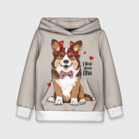 Детская толстовка 3D с принтом I need your love в Белгороде, 100% полиэстер | двухслойный капюшон со шнурком для регулировки, мягкие манжеты на рукавах и по низу толстовки, спереди карман-кенгуру с мягким внутренним слоем | animal | bow tie | breed | corgi | cute | dog | funny | hearts | holiday | pembroke | polka dot | red | saint | valentine | валентина | вельш корги | галстук бабочка | горошек | день | животное | красный | любовь | милая | очки | пемброк | пород