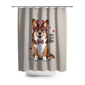 Штора 3D для ванной с принтом I need your love в Белгороде, 100% полиэстер | плотность материала — 100 г/м2. Стандартный размер — 146 см х 180 см. По верхнему краю — пластиковые люверсы для креплений. В комплекте 10 пластиковых колец | animal | bow tie | breed | corgi | cute | dog | funny | hearts | holiday | pembroke | polka dot | red | saint | valentine | валентина | вельш корги | галстук бабочка | горошек | день | животное | красный | любовь | милая | очки | пемброк | пород