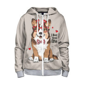 Детская толстовка 3D на молнии с принтом I need your love в Белгороде, 100% полиэстер |  манжеты и пояс оформлены широкой мягкой резинкой, двухслойный капюшон со шнурком для регулировки, спереди карманы и застежка-молния
 | Тематика изображения на принте: animal | bow tie | breed | corgi | cute | dog | funny | hearts | holiday | pembroke | polka dot | red | saint | valentine | валентина | вельш корги | галстук бабочка | горошек | день | животное | красный | любовь | милая | очки | пемброк | пород