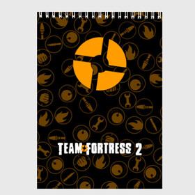 Скетчбук с принтом TEAM FORTRESS 2 в Белгороде, 100% бумага
 | 48 листов, плотность листов — 100 г/м2, плотность картонной обложки — 250 г/м2. Листы скреплены сверху удобной пружинной спиралью | team fortress | team fortress 2 | вещи team fortress 2 | игра team fortress 2 | тим 2. | тим фортресс | тим фортресс 2 | фортресс 2