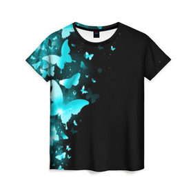 Женская футболка 3D с принтом НЕОНОВЫЕ БАБОЧКИ в Белгороде, 100% полиэфир ( синтетическое хлопкоподобное полотно) | прямой крой, круглый вырез горловины, длина до линии бедер | butterflies | texture | бабочки | мода | текстуры | эффект бабочки