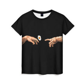 Женская футболка 3D с принтом Сотворение Адама в Белгороде, 100% полиэфир ( синтетическое хлопкоподобное полотно) | прямой крой, круглый вырез горловины, длина до линии бедер | Тематика изображения на принте: палец к пальцу | ромашка | рука к руке | цветы