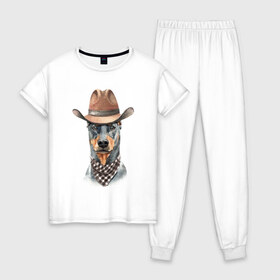 Женская пижама хлопок с принтом Доберман в Белгороде, 100% хлопок | брюки и футболка прямого кроя, без карманов, на брюках мягкая резинка на поясе и по низу штанин | dobermann | dog | доберман | собака | собаки