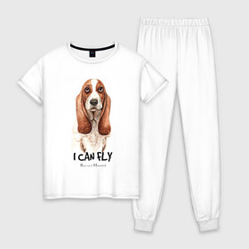 Женская пижама хлопок с принтом Бассет-хаунд в Белгороде, 100% хлопок | брюки и футболка прямого кроя, без карманов, на брюках мягкая резинка на поясе и по низу штанин | dog | бассет | бассет хаунд | собака | собаки | хаунд