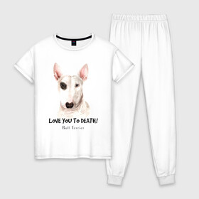 Женская пижама хлопок с принтом Бультерьер в Белгороде, 100% хлопок | брюки и футболка прямого кроя, без карманов, на брюках мягкая резинка на поясе и по низу штанин | bull terrier | dog | бультерьер | надпись надписи | собака | собаки
