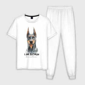 Мужская пижама хлопок с принтом Доберман в Белгороде, 100% хлопок | брюки и футболка прямого кроя, без карманов, на брюках мягкая резинка на поясе и по низу штанин
 | Тематика изображения на принте: doberman | доберман | пинчер | собака | собаки