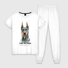 Женская пижама хлопок с принтом Доберман в Белгороде, 100% хлопок | брюки и футболка прямого кроя, без карманов, на брюках мягкая резинка на поясе и по низу штанин | Тематика изображения на принте: doberman | доберман | пинчер | собака | собаки