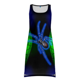 Платье-майка 3D с принтом Паук на ночной охоте в Белгороде, 100% полиэстер | полуприлегающий силуэт, широкие бретели, круглый вырез горловины, удлиненный подол сзади. | зеленая броня | зеленый неон | классный дизайн | ночь | паук | паук дизайн | паук на охоте | паук охотник | пчелиные | соты | темная футболка | футболка с пауком | черные соты
