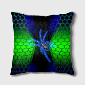 Подушка 3D с принтом Паук на ночной охоте в Белгороде, наволочка – 100% полиэстер, наполнитель – холлофайбер (легкий наполнитель, не вызывает аллергию). | состоит из подушки и наволочки. Наволочка на молнии, легко снимается для стирки | зеленая броня | зеленый неон | классный дизайн | ночь | паук | паук дизайн | паук на охоте | паук охотник | пчелиные | соты | темная футболка | футболка с пауком | черные соты