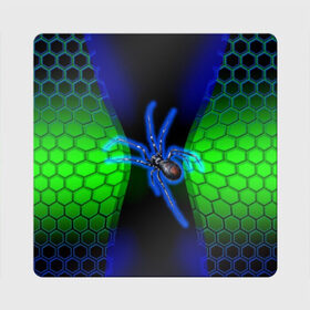 Магнит виниловый Квадрат с принтом Паук на ночной охоте в Белгороде, полимерный материал с магнитным слоем | размер 9*9 см, закругленные углы | зеленая броня | зеленый неон | классный дизайн | ночь | паук | паук дизайн | паук на охоте | паук охотник | пчелиные | соты | темная футболка | футболка с пауком | черные соты