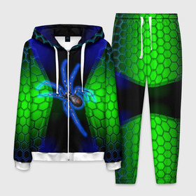 Мужской костюм 3D с принтом Паук на ночной охоте в Белгороде, 100% полиэстер | Манжеты и пояс оформлены тканевой резинкой, двухслойный капюшон со шнурком для регулировки, карманы спереди | зеленая броня | зеленый неон | классный дизайн | ночь | паук | паук дизайн | паук на охоте | паук охотник | пчелиные | соты | темная футболка | футболка с пауком | черные соты
