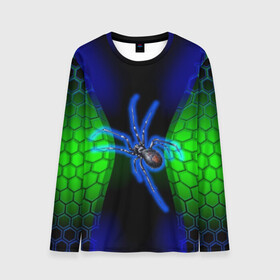 Мужской лонгслив 3D с принтом Паук на ночной охоте в Белгороде, 100% полиэстер | длинные рукава, круглый вырез горловины, полуприлегающий силуэт | Тематика изображения на принте: зеленая броня | зеленый неон | классный дизайн | ночь | паук | паук дизайн | паук на охоте | паук охотник | пчелиные | соты | темная футболка | футболка с пауком | черные соты