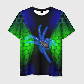 Мужская футболка 3D с принтом Паук на ночной охоте в Белгороде, 100% полиэфир | прямой крой, круглый вырез горловины, длина до линии бедер | зеленая броня | зеленый неон | классный дизайн | ночь | паук | паук дизайн | паук на охоте | паук охотник | пчелиные | соты | темная футболка | футболка с пауком | черные соты