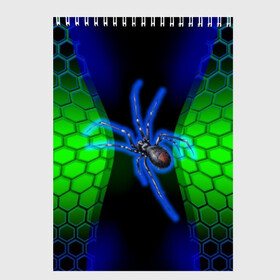 Скетчбук с принтом Паук на ночной охоте в Белгороде, 100% бумага
 | 48 листов, плотность листов — 100 г/м2, плотность картонной обложки — 250 г/м2. Листы скреплены сверху удобной пружинной спиралью | зеленая броня | зеленый неон | классный дизайн | ночь | паук | паук дизайн | паук на охоте | паук охотник | пчелиные | соты | темная футболка | футболка с пауком | черные соты