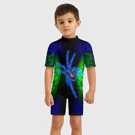 Детский купальный костюм 3D с принтом Паук на ночной охоте в Белгороде, Полиэстер 85%, Спандекс 15% | застежка на молнии на спине | Тематика изображения на принте: зеленая броня | зеленый неон | классный дизайн | ночь | паук | паук дизайн | паук на охоте | паук охотник | пчелиные | соты | темная футболка | футболка с пауком | черные соты