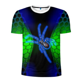 Мужская футболка 3D спортивная с принтом Паук на ночной охоте в Белгороде, 100% полиэстер с улучшенными характеристиками | приталенный силуэт, круглая горловина, широкие плечи, сужается к линии бедра | Тематика изображения на принте: зеленая броня | зеленый неон | классный дизайн | ночь | паук | паук дизайн | паук на охоте | паук охотник | пчелиные | соты | темная футболка | футболка с пауком | черные соты