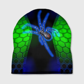 Шапка 3D с принтом Паук на ночной охоте в Белгороде, 100% полиэстер | универсальный размер, печать по всей поверхности изделия | зеленая броня | зеленый неон | классный дизайн | ночь | паук | паук дизайн | паук на охоте | паук охотник | пчелиные | соты | темная футболка | футболка с пауком | черные соты