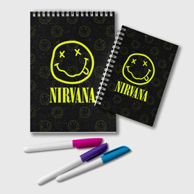 Блокнот с принтом Nirvana 1 в Белгороде, 100% бумага | 48 листов, плотность листов — 60 г/м2, плотность картонной обложки — 250 г/м2. Листы скреплены удобной пружинной спиралью. Цвет линий — светло-серый
 | cobain | kurt | kurt cobain | nirvana | rock | smile | гитара | кобейн | курт | курт кобейн | нирвана | рок