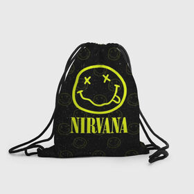 Рюкзак-мешок 3D с принтом Nirvana 1 в Белгороде, 100% полиэстер | плотность ткани — 200 г/м2, размер — 35 х 45 см; лямки — толстые шнурки, застежка на шнуровке, без карманов и подкладки | Тематика изображения на принте: cobain | kurt | kurt cobain | nirvana | rock | smile | гитара | кобейн | курт | курт кобейн | нирвана | рок