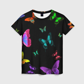 Женская футболка 3D с принтом Ночные Бабочки в Белгороде, 100% полиэфир ( синтетическое хлопкоподобное полотно) | прямой крой, круглый вырез горловины, длина до линии бедер | butterfly | бабочка | бабочки | биология | животные | краски | крылья | насекомые | ночь | разноцветные | черный | яркие