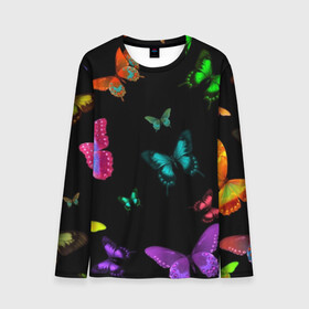 Мужской лонгслив 3D с принтом Ночные Бабочки в Белгороде, 100% полиэстер | длинные рукава, круглый вырез горловины, полуприлегающий силуэт | butterfly | бабочка | бабочки | биология | животные | краски | крылья | насекомые | ночь | разноцветные | черный | яркие
