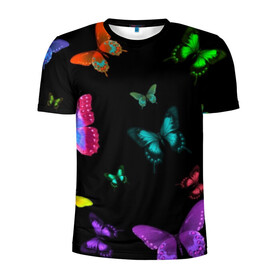 Мужская футболка 3D спортивная с принтом Ночные Бабочки в Белгороде, 100% полиэстер с улучшенными характеристиками | приталенный силуэт, круглая горловина, широкие плечи, сужается к линии бедра | butterfly | бабочка | бабочки | биология | животные | краски | крылья | насекомые | ночь | разноцветные | черный | яркие