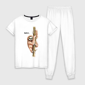 Женская пижама хлопок с принтом Ленивец в Белгороде, 100% хлопок | брюки и футболка прямого кроя, без карманов, на брюках мягкая резинка на поясе и по низу штанин | sloth | ленивец | ленивцы