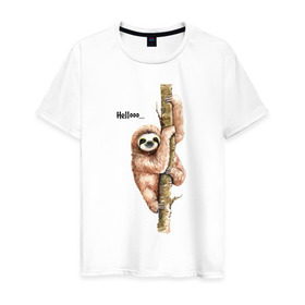 Мужская футболка хлопок с принтом Ленивец в Белгороде, 100% хлопок | прямой крой, круглый вырез горловины, длина до линии бедер, слегка спущенное плечо. | Тематика изображения на принте: sloth | ленивец | ленивцы