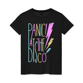 Женская футболка хлопок с принтом Panic! At the Disco в Белгороде, 100% хлопок | прямой крой, круглый вырез горловины, длина до линии бедер, слегка спущенное плечо | panic | panic at the disco | patd | группа | музыка | райан росс | рок