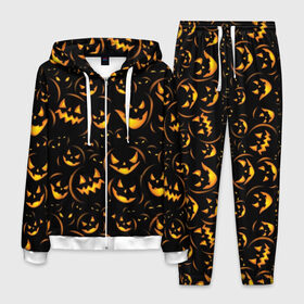 Мужской костюм 3D с принтом Хэллоуин в Белгороде, 100% полиэстер | Манжеты и пояс оформлены тканевой резинкой, двухслойный капюшон со шнурком для регулировки, карманы спереди | background | black | color | eyes | fangs | halloween | holiday | horror | orange | pumpkin | sinister | teeth | vegetable | yellow | глаза | желтый | зловещий | зубы | клыки | овощ | оранжевый | праздник | тыквы | ужас | фон | хэллоуин | цвет | черный