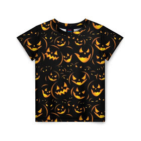 Детская футболка 3D с принтом Хэллоуин в Белгороде, 100% гипоаллергенный полиэфир | прямой крой, круглый вырез горловины, длина до линии бедер, чуть спущенное плечо, ткань немного тянется | background | black | color | eyes | fangs | halloween | holiday | horror | orange | pumpkin | sinister | teeth | vegetable | yellow | глаза | желтый | зловещий | зубы | клыки | овощ | оранжевый | праздник | тыквы | ужас | фон | хэллоуин | цвет | черный
