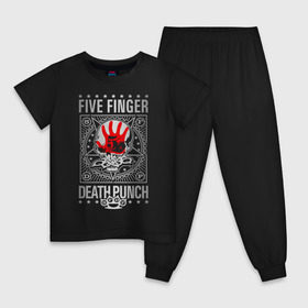 Детская пижама хлопок с принтом Five Finger Death Punch в Белгороде, 100% хлопок |  брюки и футболка прямого кроя, без карманов, на брюках мягкая резинка на поясе и по низу штанин
 | Тематика изображения на принте: 5fdp | ffdp | five finger death punch | metal | альтернатива | группы | метал | музыка | хеви метал