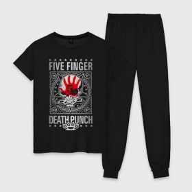Женская пижама хлопок с принтом Five Finger Death Punch в Белгороде, 100% хлопок | брюки и футболка прямого кроя, без карманов, на брюках мягкая резинка на поясе и по низу штанин | 5fdp | ffdp | five finger death punch | metal | альтернатива | группы | метал | музыка | хеви метал