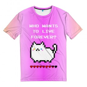 Мужская футболка 3D с принтом Cat forever в Белгороде, 100% полиэфир | прямой крой, круглый вырез горловины, длина до линии бедер | 9 жизней | forever | pixel art | queen | wants to live | квин цитата | котенок | котик | котики | коты | кошка | кошки | пиксели | пиксель арт