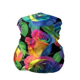 Бандана-труба 3D с принтом Разноцветные розы в Белгороде, 100% полиэстер, ткань с особыми свойствами — Activecool | плотность 150‒180 г/м2; хорошо тянется, но сохраняет форму | Тематика изображения на принте: background | black | blue | bud | color | exotic | flora | flowers | green | leaves | nature | pink | plant | purple | red | rose | yellow | бутон | желтый | зеленый | красный | лепесток | листья | природа | разноцветный | растение | роза | розо