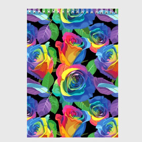Скетчбук с принтом Разноцветные розы в Белгороде, 100% бумага
 | 48 листов, плотность листов — 100 г/м2, плотность картонной обложки — 250 г/м2. Листы скреплены сверху удобной пружинной спиралью | Тематика изображения на принте: background | black | blue | bud | color | exotic | flora | flowers | green | leaves | nature | pink | plant | purple | red | rose | yellow | бутон | желтый | зеленый | красный | лепесток | листья | природа | разноцветный | растение | роза | розо