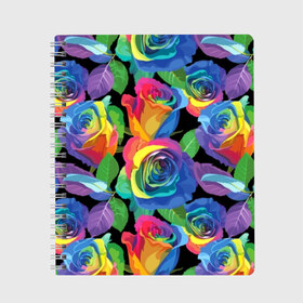 Тетрадь с принтом Разноцветные розы в Белгороде, 100% бумага | 48 листов, плотность листов — 60 г/м2, плотность картонной обложки — 250 г/м2. Листы скреплены сбоку удобной пружинной спиралью. Уголки страниц и обложки скругленные. Цвет линий — светло-серый
 | background | black | blue | bud | color | exotic | flora | flowers | green | leaves | nature | pink | plant | purple | red | rose | yellow | бутон | желтый | зеленый | красный | лепесток | листья | природа | разноцветный | растение | роза | розо