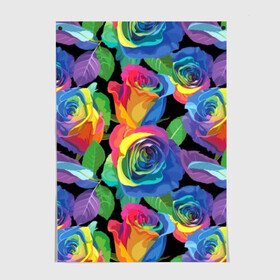 Постер с принтом Разноцветные розы в Белгороде, 100% бумага
 | бумага, плотность 150 мг. Матовая, но за счет высокого коэффициента гладкости имеет небольшой блеск и дает на свету блики, но в отличии от глянцевой бумаги не покрыта лаком | background | black | blue | bud | color | exotic | flora | flowers | green | leaves | nature | pink | plant | purple | red | rose | yellow | бутон | желтый | зеленый | красный | лепесток | листья | природа | разноцветный | растение | роза | розо