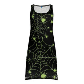 Платье-майка 3D с принтом Зелёная паутина в Белгороде, 100% полиэстер | полуприлегающий силуэт, широкие бретели, круглый вырез горловины, удлиненный подол сзади. | Тематика изображения на принте: background | black | cobweb | color | gothic | green | halloween | holiday | insect | pattern | spider | weave | web | готика | зеленый | насекомое | паук | паутина | плести | праздник | сеть | узор | фон | хэллоуин | цвет | черный