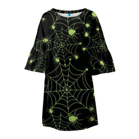 Детское платье 3D с принтом Зелёная паутина в Белгороде, 100% полиэстер | прямой силуэт, чуть расширенный к низу. Круглая горловина, на рукавах — воланы | Тематика изображения на принте: background | black | cobweb | color | gothic | green | halloween | holiday | insect | pattern | spider | weave | web | готика | зеленый | насекомое | паук | паутина | плести | праздник | сеть | узор | фон | хэллоуин | цвет | черный