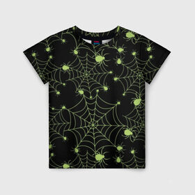 Детская футболка 3D с принтом Зелёная паутина в Белгороде, 100% гипоаллергенный полиэфир | прямой крой, круглый вырез горловины, длина до линии бедер, чуть спущенное плечо, ткань немного тянется | background | black | cobweb | color | gothic | green | halloween | holiday | insect | pattern | spider | weave | web | готика | зеленый | насекомое | паук | паутина | плести | праздник | сеть | узор | фон | хэллоуин | цвет | черный