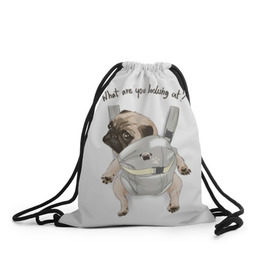 Рюкзак-мешок 3D с принтом Мопс в рюкзаке в Белгороде, 100% полиэстер | плотность ткани — 200 г/м2, размер — 35 х 45 см; лямки — толстые шнурки, застежка на шнуровке, без карманов и подкладки | background | backpack | breed | brown | color | cute | dog | funny | gray | look | muzzle | paws | pug | puppy | slogan | small | trace | white | белый | взгляд | коричневый | лапы | маленький | милый | мопс | пес | порода | прикольный | рюкзак | 