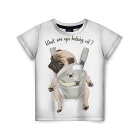 Детская футболка 3D с принтом Мопс в рюкзаке в Белгороде, 100% гипоаллергенный полиэфир | прямой крой, круглый вырез горловины, длина до линии бедер, чуть спущенное плечо, ткань немного тянется | background | backpack | breed | brown | color | cute | dog | funny | gray | look | muzzle | paws | pug | puppy | slogan | small | trace | white | белый | взгляд | коричневый | лапы | маленький | милый | мопс | пес | порода | прикольный | рюкзак | 