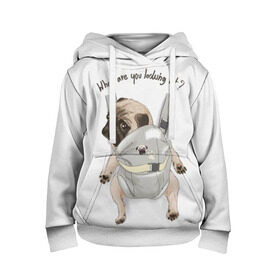 Детская толстовка 3D с принтом Мопс в рюкзаке в Белгороде, 100% полиэстер | двухслойный капюшон со шнурком для регулировки, мягкие манжеты на рукавах и по низу толстовки, спереди карман-кенгуру с мягким внутренним слоем | background | backpack | breed | brown | color | cute | dog | funny | gray | look | muzzle | paws | pug | puppy | slogan | small | trace | white | белый | взгляд | коричневый | лапы | маленький | милый | мопс | пес | порода | прикольный | рюкзак | 