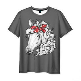Мужская футболка 3D с принтом Белая лошадь в Белгороде, 100% полиэфир | прямой крой, круглый вырез горловины, длина до линии бедер | animal | background | bandana | black | color | cool | fauna | gray | head | headdre | hipster | horse | image | look | mane | red | white | world | бандана | белый | взгляд | голова | головной | грива | животное | животный | имидж | конь | красный | лоша