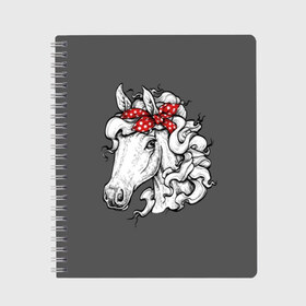 Тетрадь с принтом Белая лошадь в Белгороде, 100% бумага | 48 листов, плотность листов — 60 г/м2, плотность картонной обложки — 250 г/м2. Листы скреплены сбоку удобной пружинной спиралью. Уголки страниц и обложки скругленные. Цвет линий — светло-серый
 | animal | background | bandana | black | color | cool | fauna | gray | head | headdre | hipster | horse | image | look | mane | red | white | world | бандана | белый | взгляд | голова | головной | грива | животное | животный | имидж | конь | красный | лоша