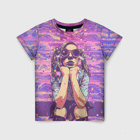 Детская футболка 3D с принтом Девушка в очках в Белгороде, 100% гипоаллергенный полиэфир | прямой крой, круглый вырез горловины, длина до линии бедер, чуть спущенное плечо, ткань немного тянется | background | blue | bright | color | colorful | cool | cyberpunk | girl | hairstyle | pink | purple | scho | skirt | student | девочка | девушка | киберпанк | круто | очки | прикольно | прическа | разноцветный | розовый | рубашка | син