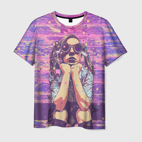 Мужская футболка 3D с принтом Девушка в очках в Белгороде, 100% полиэфир | прямой крой, круглый вырез горловины, длина до линии бедер | background | blue | bright | color | colorful | cool | cyberpunk | girl | hairstyle | pink | purple | scho | skirt | student | девочка | девушка | киберпанк | круто | очки | прикольно | прическа | разноцветный | розовый | рубашка | син